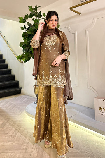 Antique Gold Luxe Sharara Ensemble - 3 pc Set