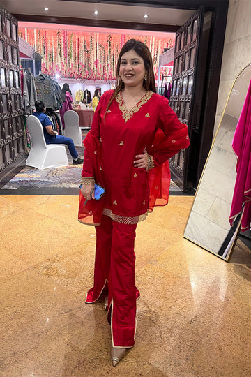 Red Zardosi Butta Silk Kurta Set With Dupatta