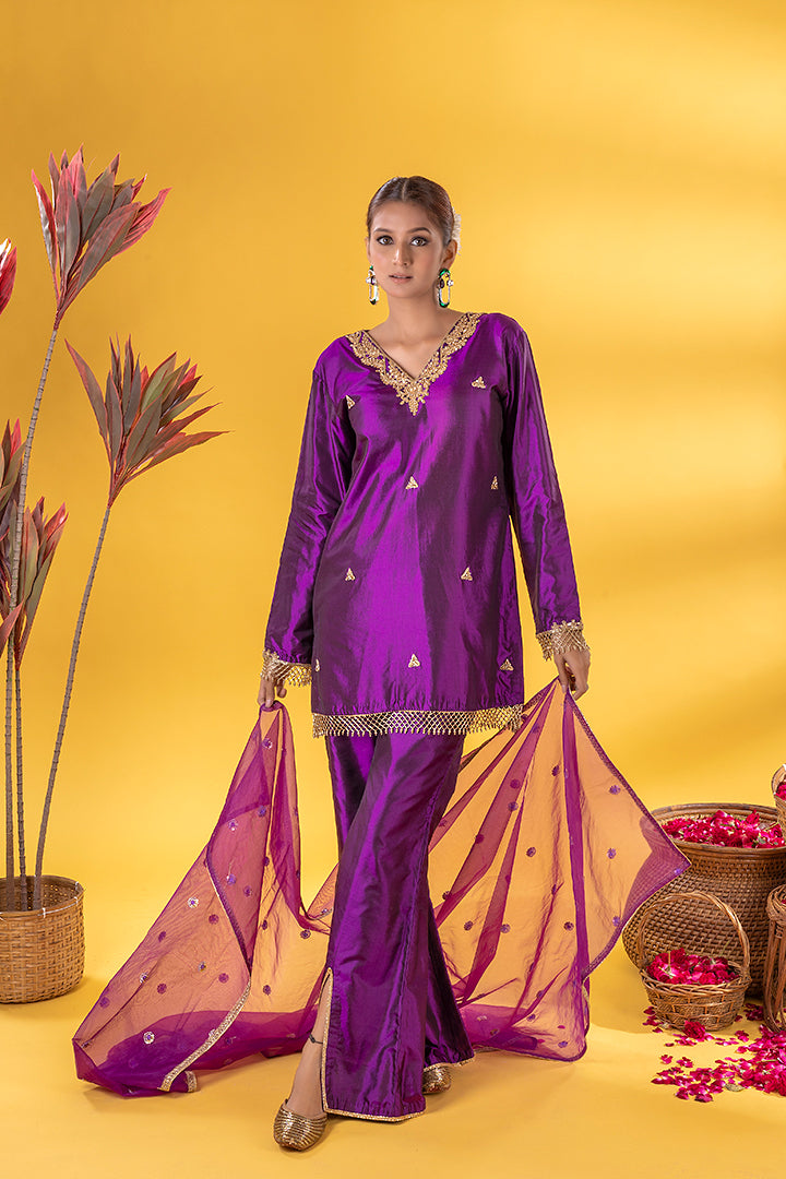 Purple Zardosi Butta Silk Kurta Set With Dupatta