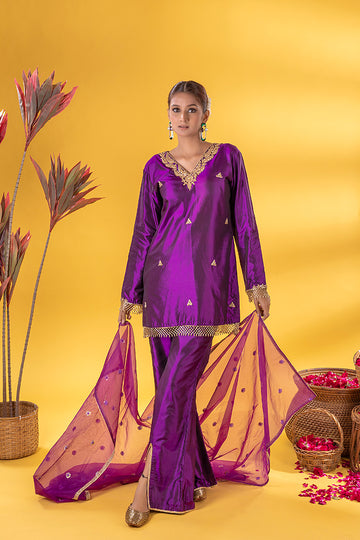 Purple Zardosi Butta Silk Kurta Set With Dupatta
